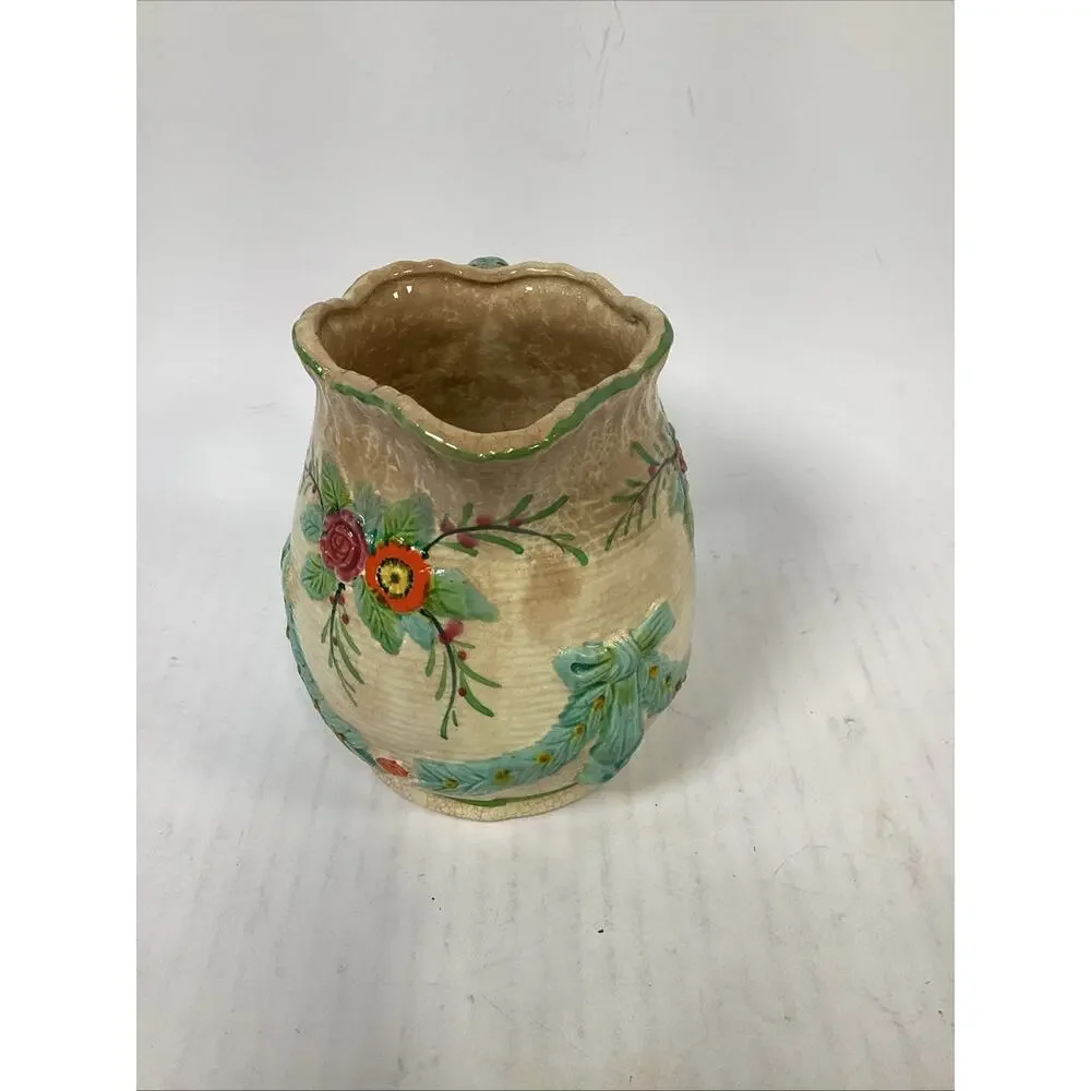 Vintage Majolica Colorful Floral Milk Pitcher - 5.5”H